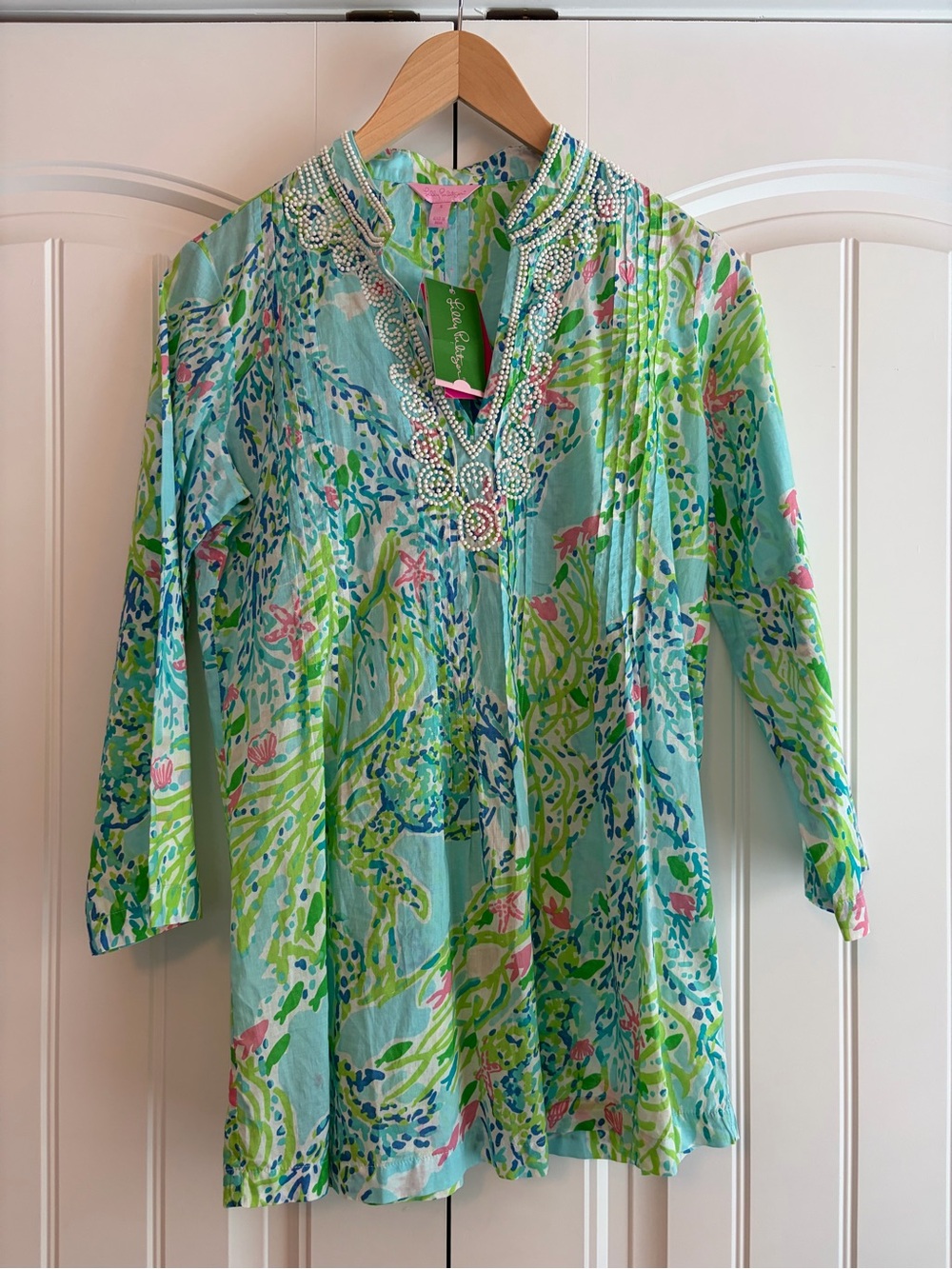 Lilly Pulitzer NWT Sarasota Blue Skye Tunic Blouse Beaded Size S 100% Cotton